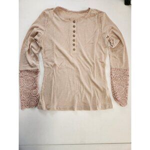 EVALESS Women Beige Ribbed Lace Sleeve Henley Top Shirt L